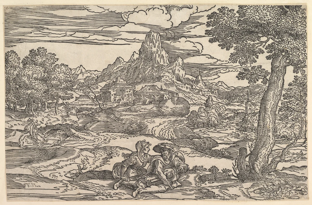 Landscape with a woman seated next to a man playing a hurdy-gurdy by Domenico Campagnola, print, 1535-1545