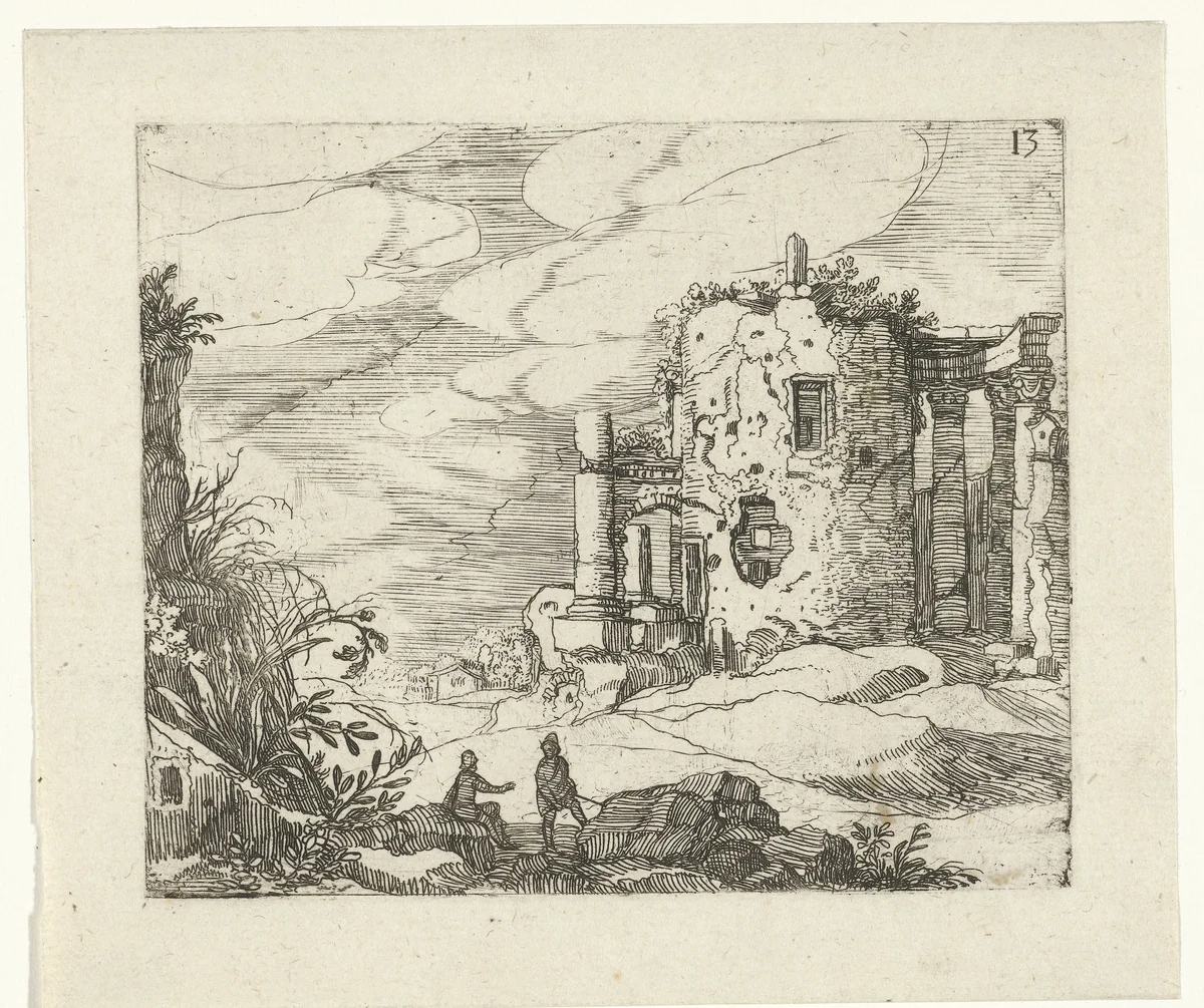 Ruïne van een door zuilen omgeven tempel by Guilliam van Nieulandt, print, 1594-1618