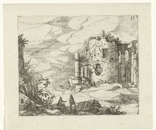 Ruïne van een door zuilen omgeven tempel by Guilliam van Nieulandt, print, 1594-1618