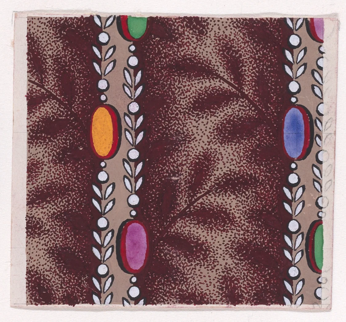 Textile Design with Vertical Stripes Framed by Strips of Ovals, Pearls and Stylized Leaves over a Stippled Background by anonymous, drawing, 1840