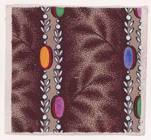 Textile Design with Vertical Stripes Framed by Strips of Ovals, Pearls and Stylized Leaves over a Stippled Background by anonymous, drawing, 1840