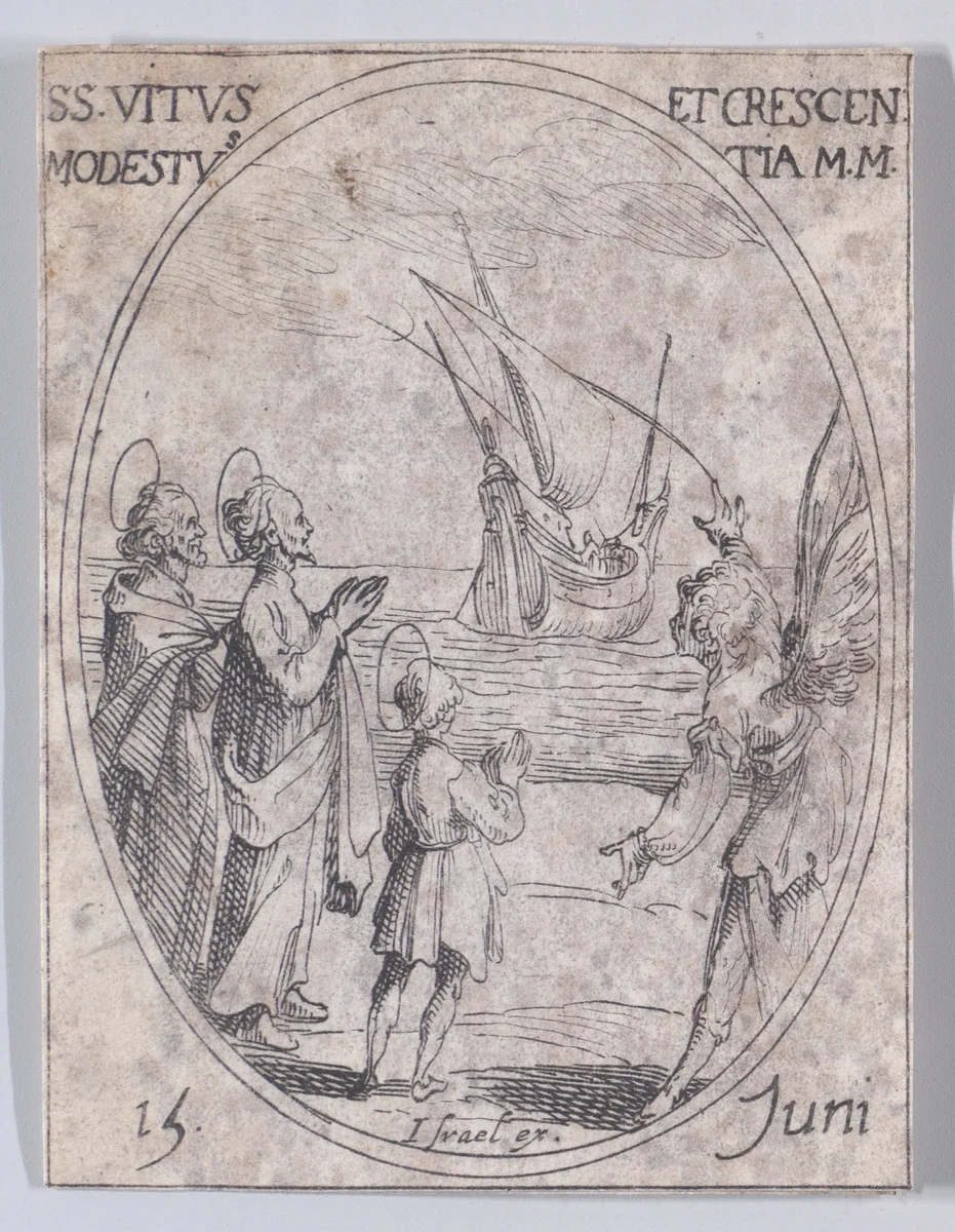 St. Vitus, St. Modestus, and St. Crescentia, June 15th, from "Les Images De Tous Les Saincts et Saintes de L'Année" (Images of All of the Saints and Religious Events of the Year) by Jacques Callot, print, 1636