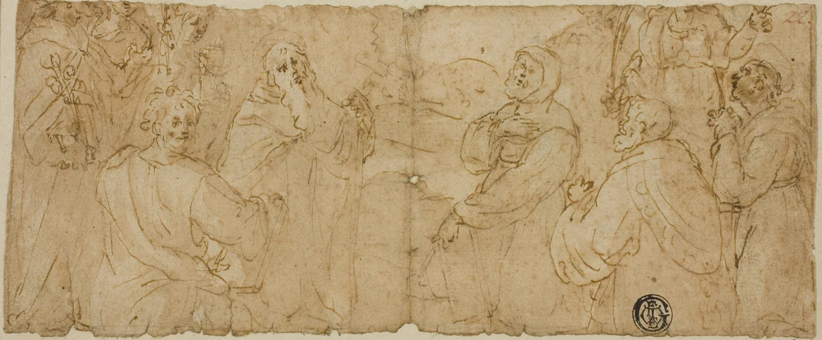 Franciscan Saints in Adoration by Unknown Artist, drawing, 1580-1599