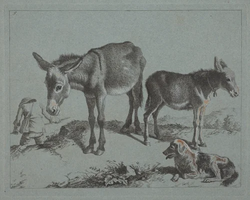 Donkey with her Foal, a Dog, and a Peasant Man by Francesco Londonio, print, 1723-1783