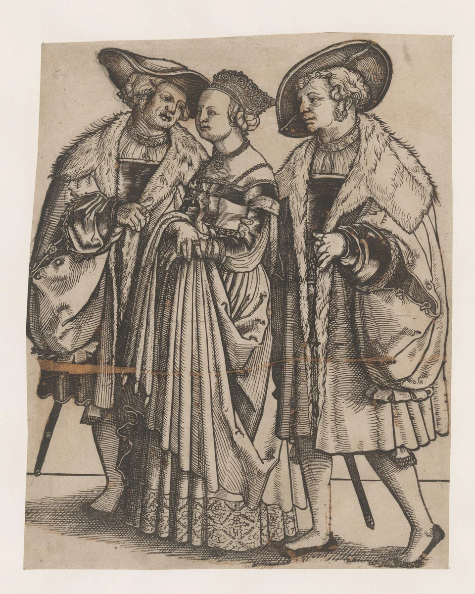 Bruid tussen twee bruidsjonkers by anonymous, print, 1510-1550