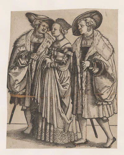 Bruid tussen twee bruidsjonkers by anonymous, print, 1510-1550