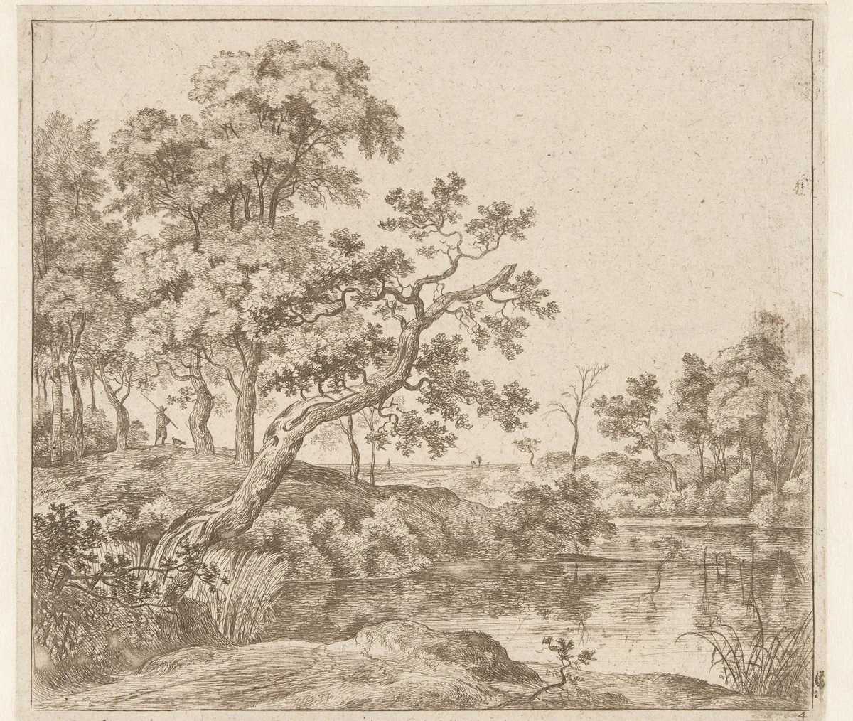 Landschap met een hangende boom aan het water by Jan Hackaert, print, 1640-1699