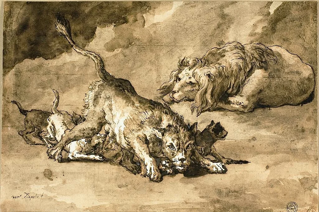 Lion, Lioness and Cubs by Giovanni Domenico Tiepolo, drawing, 1747-1804