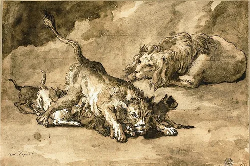 Lion, Lioness and Cubs by Giovanni Domenico Tiepolo, drawing, 1747-1804