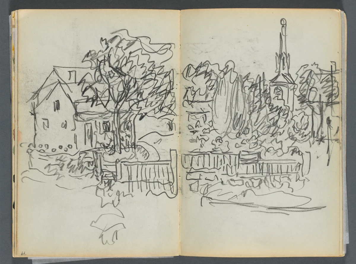 Sketchbook- The Granite Shore Hotel, Rockport, page 078 & 79: Village Scene with Church Spire by Maurice Prendergast, book, 1905-1910