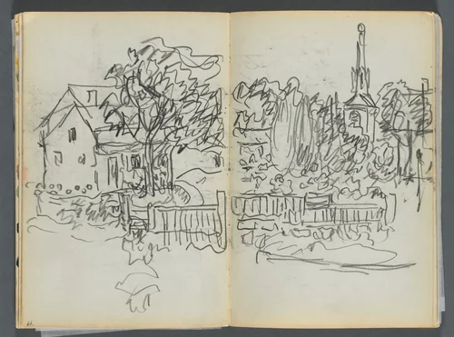 Sketchbook- The Granite Shore Hotel, Rockport, page 078 & 79: Village Scene with Church Spire by Maurice Prendergast, book, 1905-1910