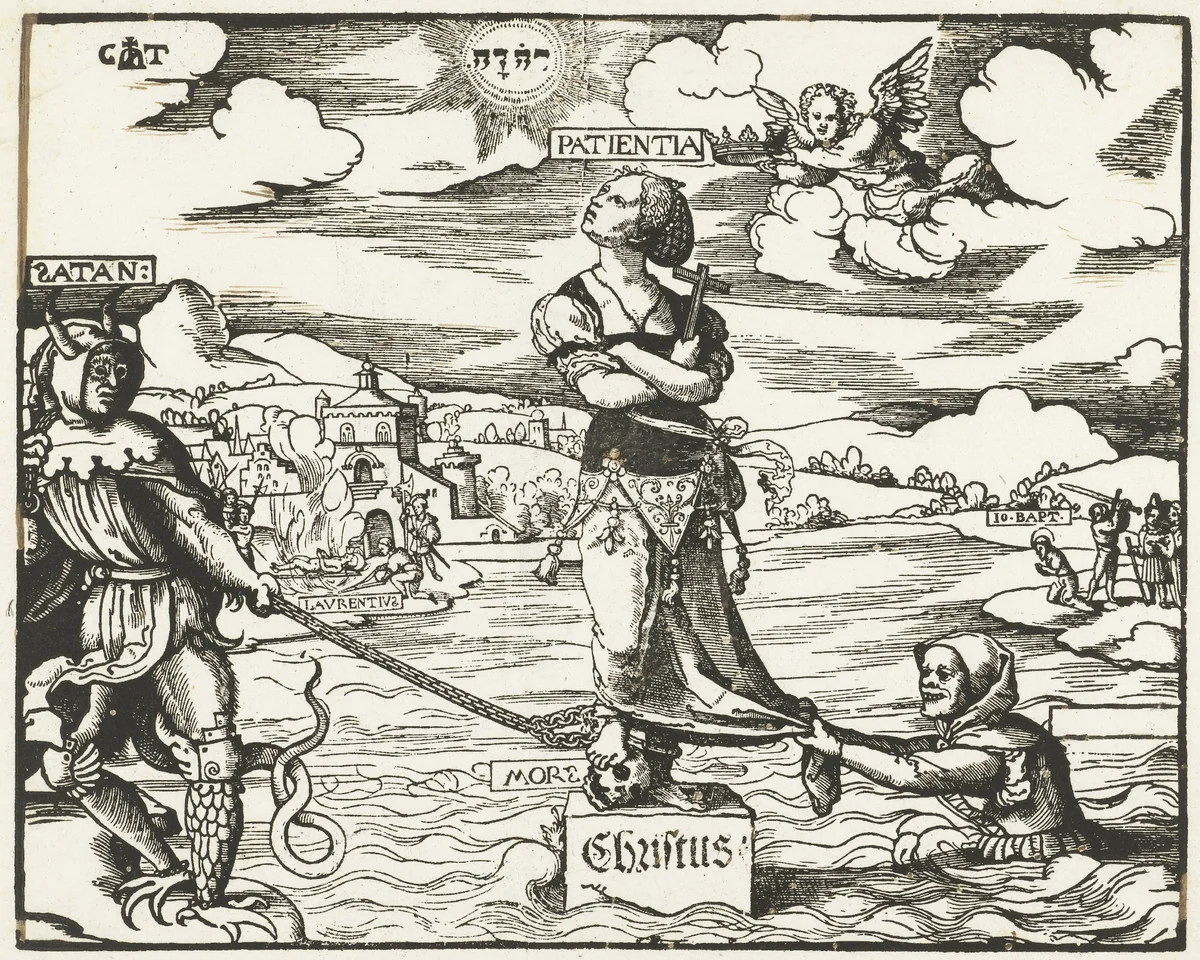 Geduld (Patientia) op een steen in het water by Unknown, print, 1507-1553