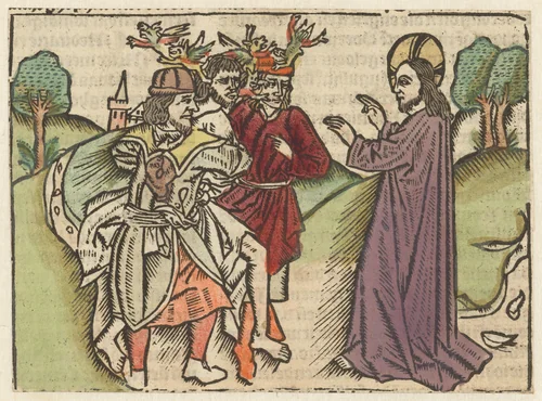 Christus geneest de bezeten man die niet kon spreken by Unknown, print, 1485-1491