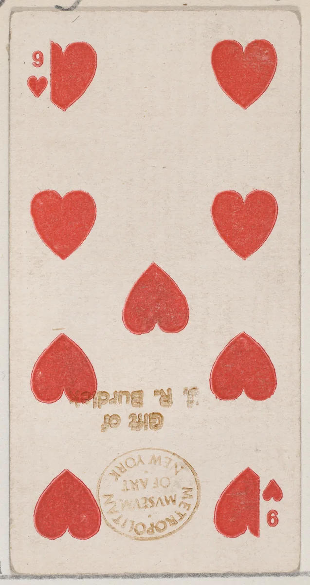 Nine Hearts (red), from the Playing Cards series (N84) for Duke brand cigarettes by W. Duke, Sons & Co., print, 1888