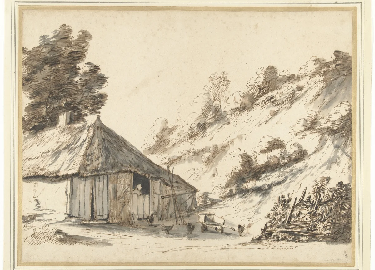 Boerderij bij een zandheuvel by Anthonie van Borssom, drawing, 1670-1677