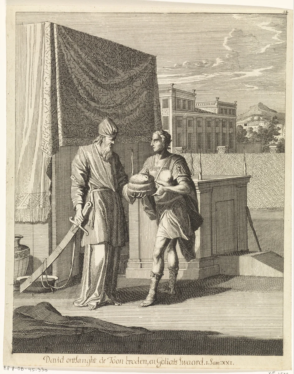 David ontvangt de toonbroden en Goliats' zwaard van priester Achimelech by Caspar Luyken, print, 1708