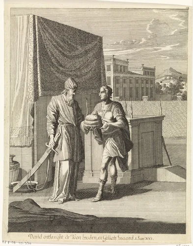David ontvangt de toonbroden en Goliats' zwaard van priester Achimelech by Caspar Luyken, print, 1708