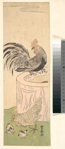 Cock, Hen, and Chickens by Utagawa Toyoharu, print, 1760-1780