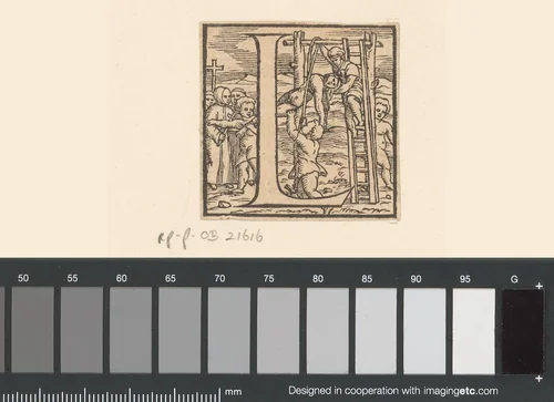 Letter L: kinderen nemen het lichaam van een vrouw van een galg by anonymous, print, 1543