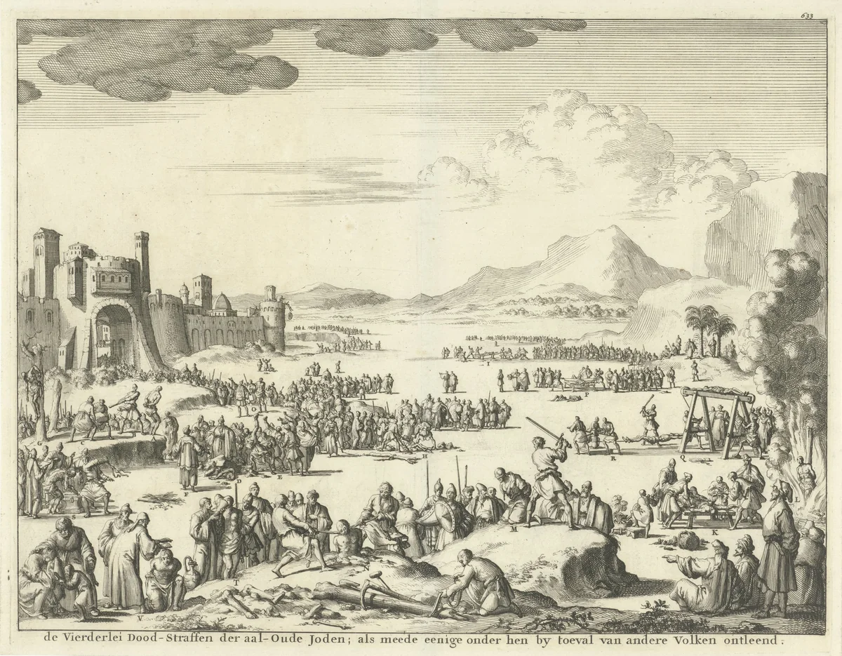 Beulen brengen veroordeelden buiten de stadsmuur op verschillende manieren ter dood by Jan Luyken, print, 1690