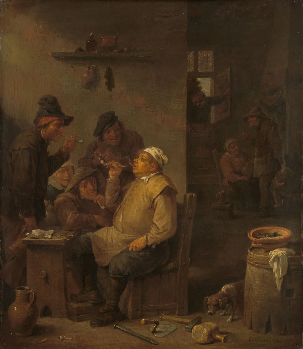 Mason Smoking with Companions in a Tavern by David Teniers, painting, 1675