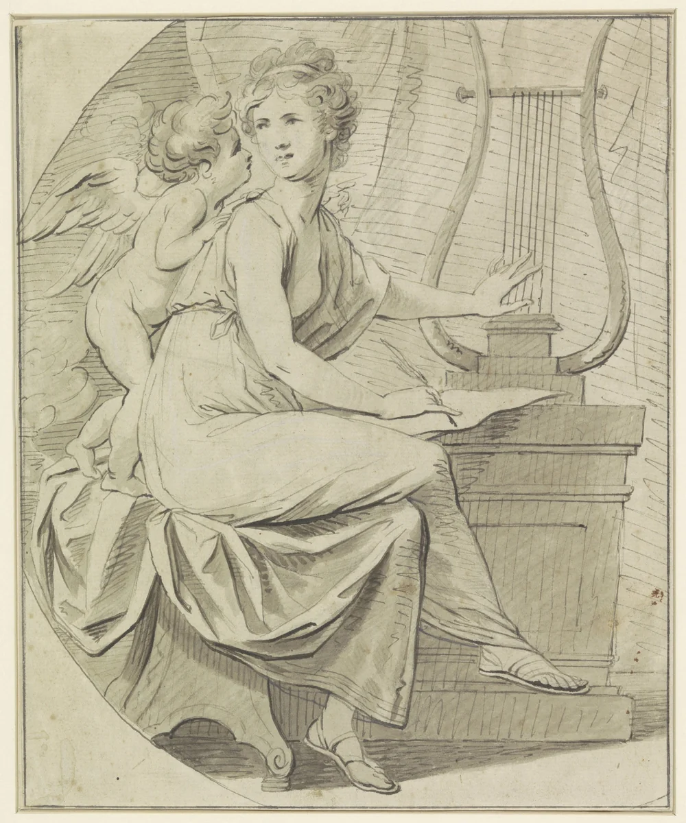 Amor inspireert een jonge vrouw, die met de ene hand een lier tokkelt, en met de andere hand schrijft by Angelica Kauffmann, drawing, 1751-1807