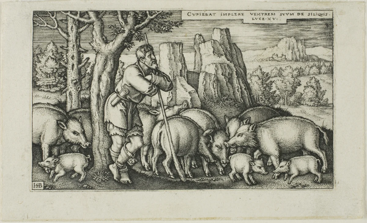 The Prodigal Son with the Swine, plate three from The History of the Prodigal Son by Sebald Beham, print, 1520-1550