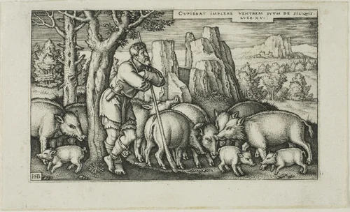 The Prodigal Son with the Swine, plate three from The History of the Prodigal Son by Sebald Beham, print, 1520-1550