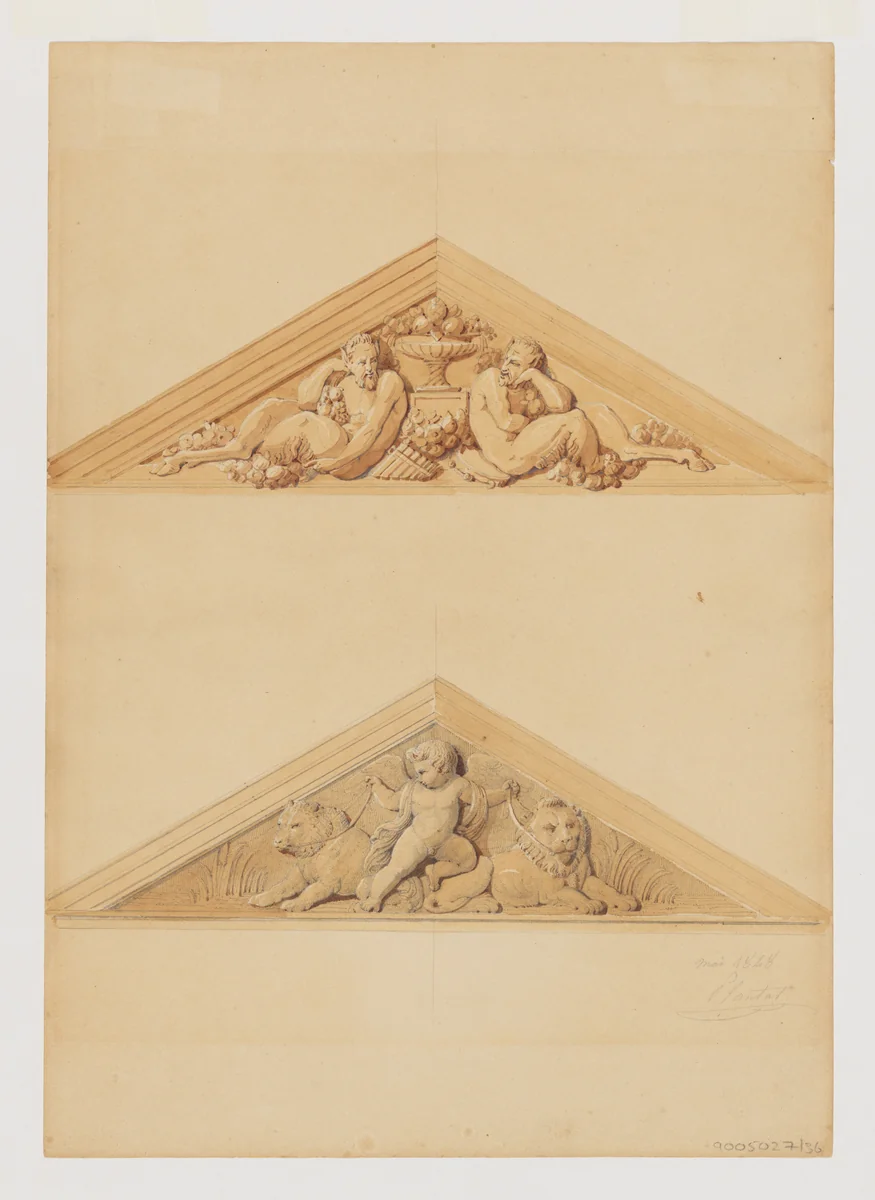 Two Designs for Pediments, one with Satyrs, one with a Putto and Two Lions by Jean-Baptiste Louis Plantar, drawing, 1840-1880