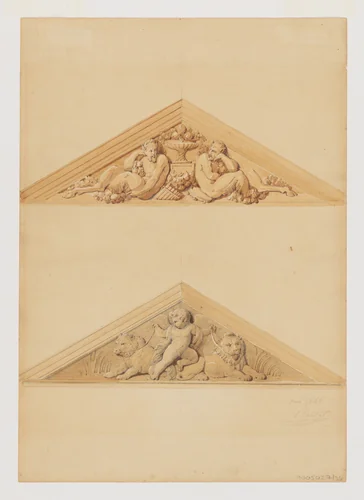 Two Designs for Pediments, one with Satyrs, one with a Putto and Two Lions by Jean-Baptiste Louis Plantar, drawing, 1840-1880