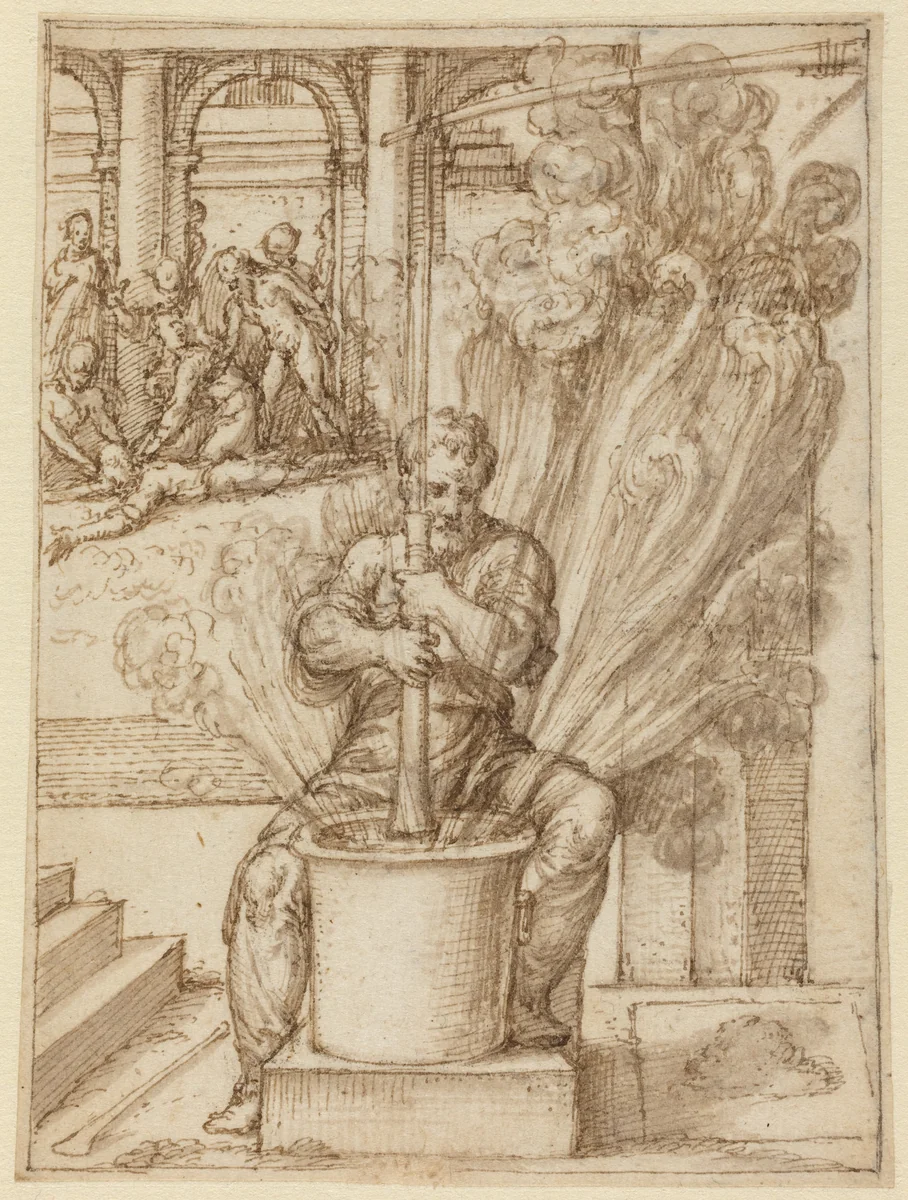 Study for Man Making an Explosion by Giulio Bonasone, drawing, 1498-1580