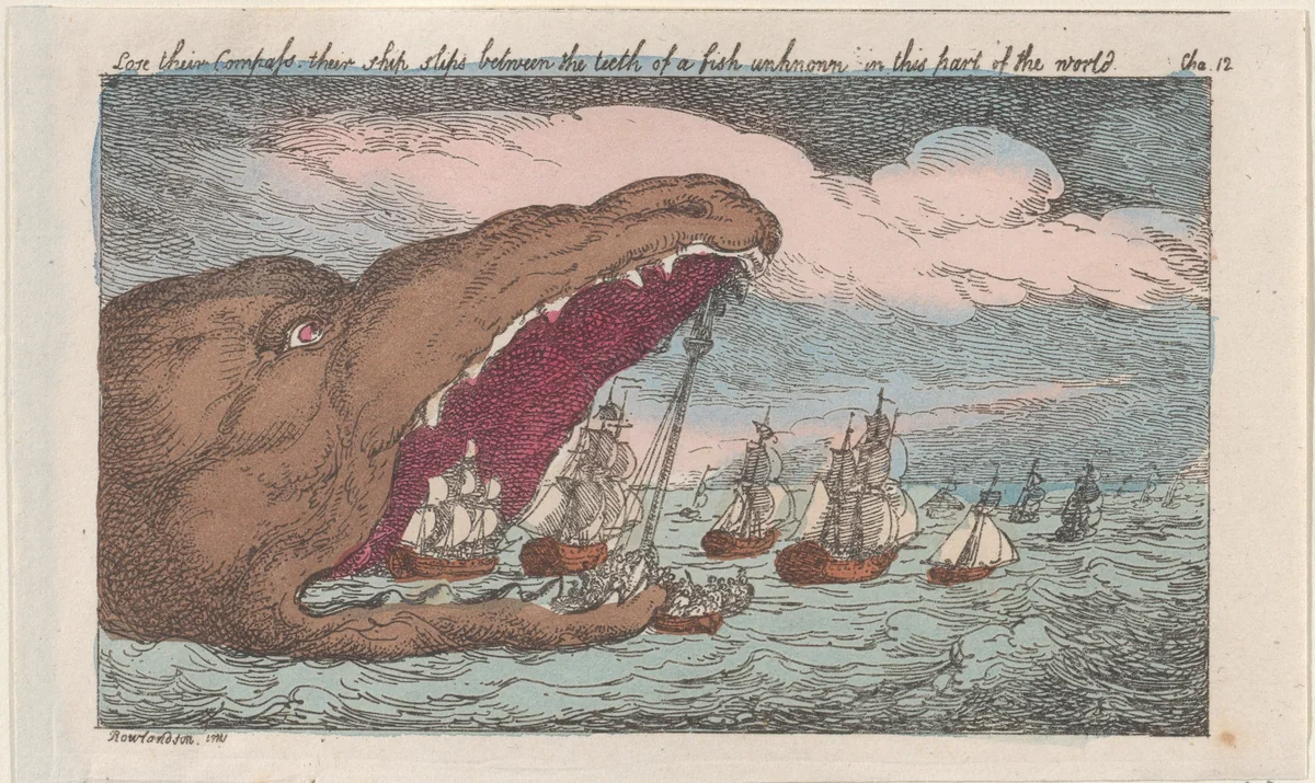 Lose their Compass, their ships slips between the teeth of a fish unknown in this part of the world by Thomas Rowlandson, print, 1809-1811