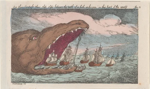 Lose their Compass, their ships slips between the teeth of a fish unknown in this part of the world by Thomas Rowlandson, print, 1809-1811
