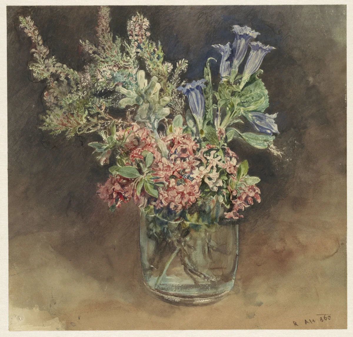 Glas met alpenbloemen by Rudolf von Alt, drawing, 1860