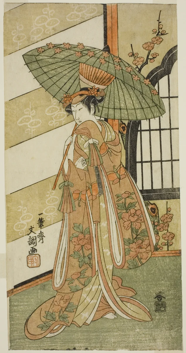 The Actor Onoe Tamizo I as Nishikigi in the Play Mutsu no Hana Ume no Kaomise, Performed at the Ichimura Theater in the Eleventh Month, 1769 by Ippitsusai Buncho, print, 1764-1774
