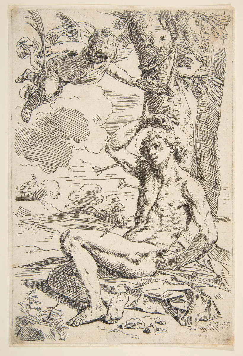 Saint Sebastian pierced with arrows and tied to a tree by Simone Cantarini, print, 1634-1644