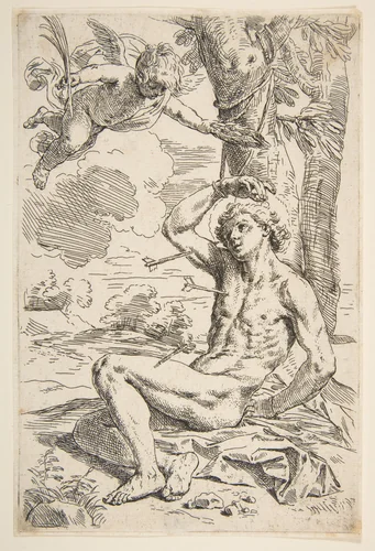 Saint Sebastian pierced with arrows and tied to a tree by Simone Cantarini, print, 1634-1644