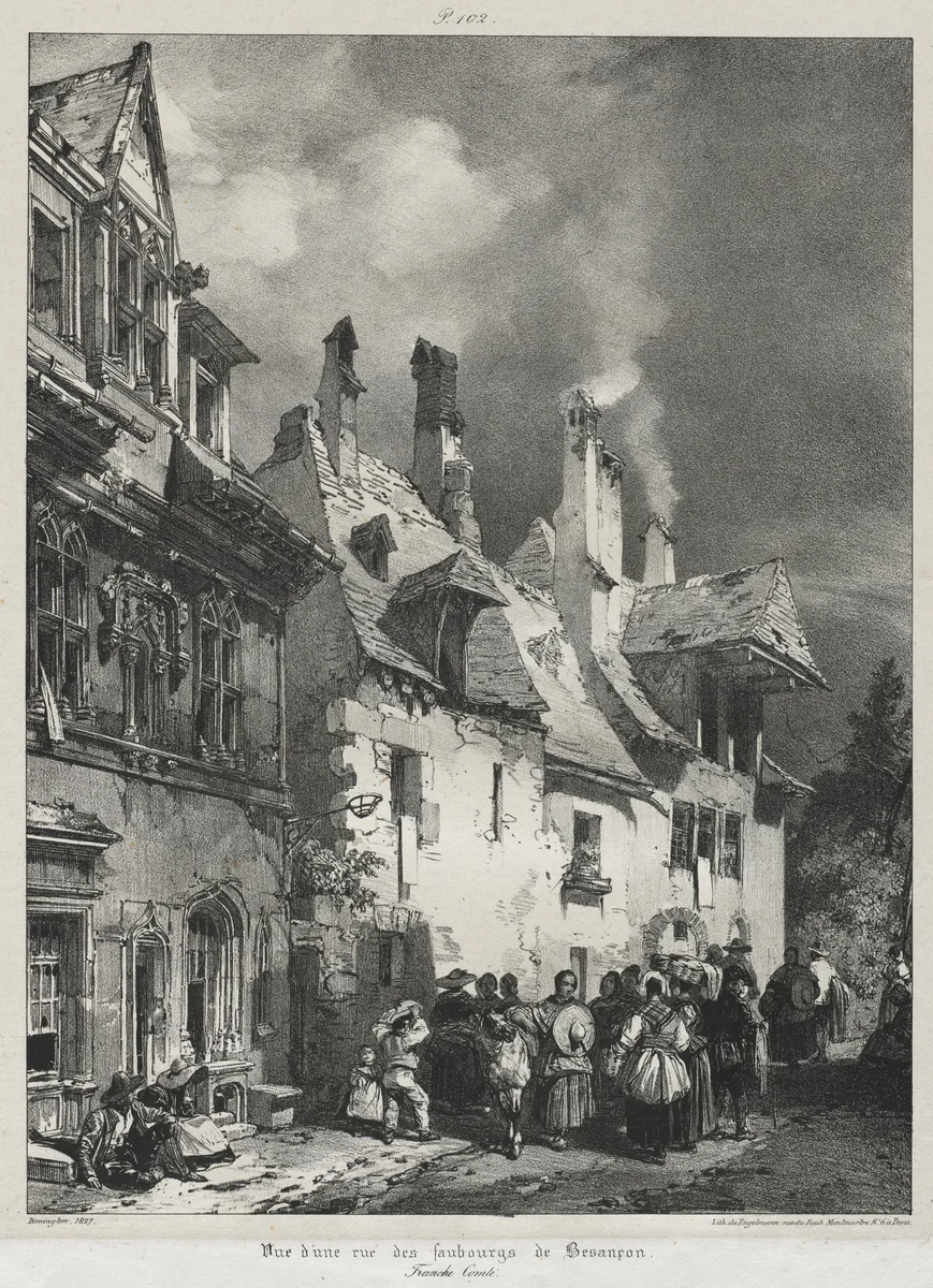Voyages pittoresques et romantiques dans l'ancienne France, Franche-Comté: Vue d'une rue des faubourgs de Besançon by Richard Parkes Bonington, print, 1825
