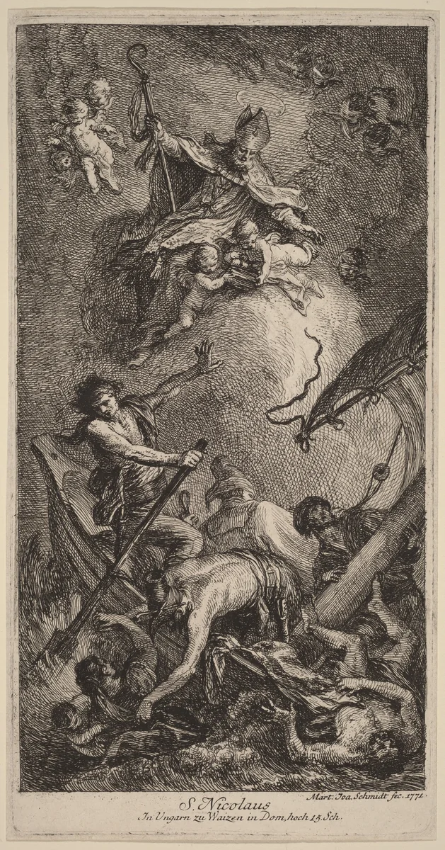 Saint Nicholas Rescuing Sailors by Martin Johann Schmidt, print, 1771