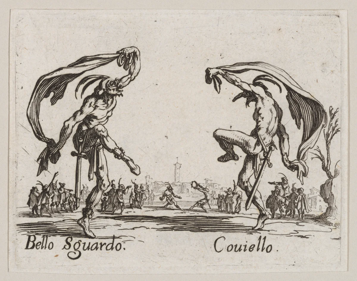 Bello Sguardo and Couiello, from "Balli di Sfessania" (Dance of Sfessania) by Jacques Callot, print, 1621-1622