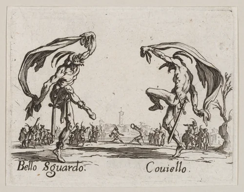 Bello Sguardo and Couiello, from "Balli di Sfessania" (Dance of Sfessania) by Jacques Callot, print, 1621-1622