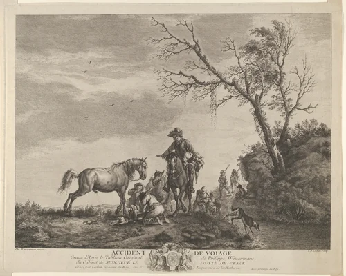 An accident while traveling, a kneeling man fixing a broken saddle, a horse pissing at the left by Charles Nicolas Cochin, print, 1740-1750