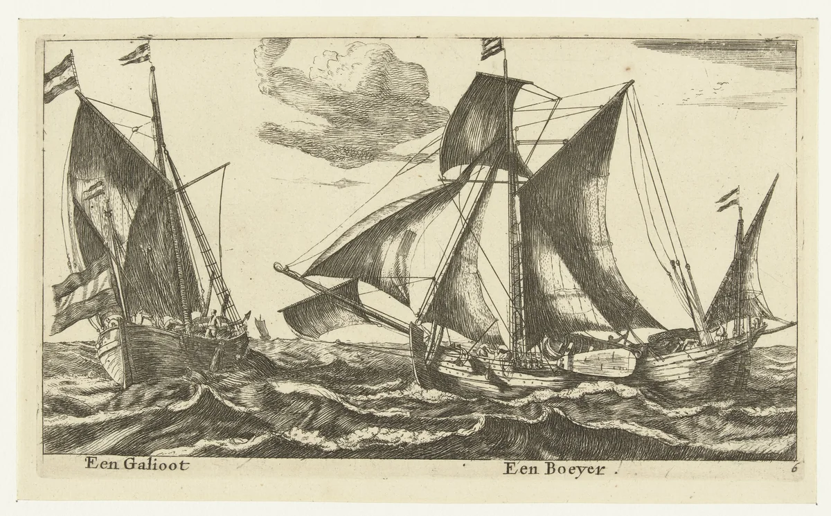 Twee schepen: een galjoot en een boeier by anonymous, print, 1652-1714