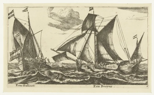 Twee schepen: een galjoot en een boeier by anonymous, print, 1652-1714