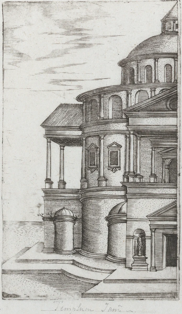 Palatium Se Lugduni [Later changed to Termae Antoniae Imp], from a Series of Prints depicting (reconstructed) Buildings from Roman Antiquity by Monogrammist G.A. with the Caltrop, book, 1530-1550