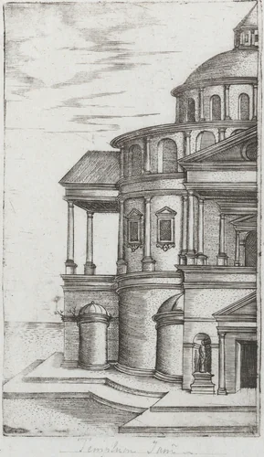 Palatium Se Lugduni [Later changed to Termae Antoniae Imp], from a Series of Prints depicting (reconstructed) Buildings from Roman Antiquity by Monogrammist G.A. with the Caltrop, book, 1530-1550