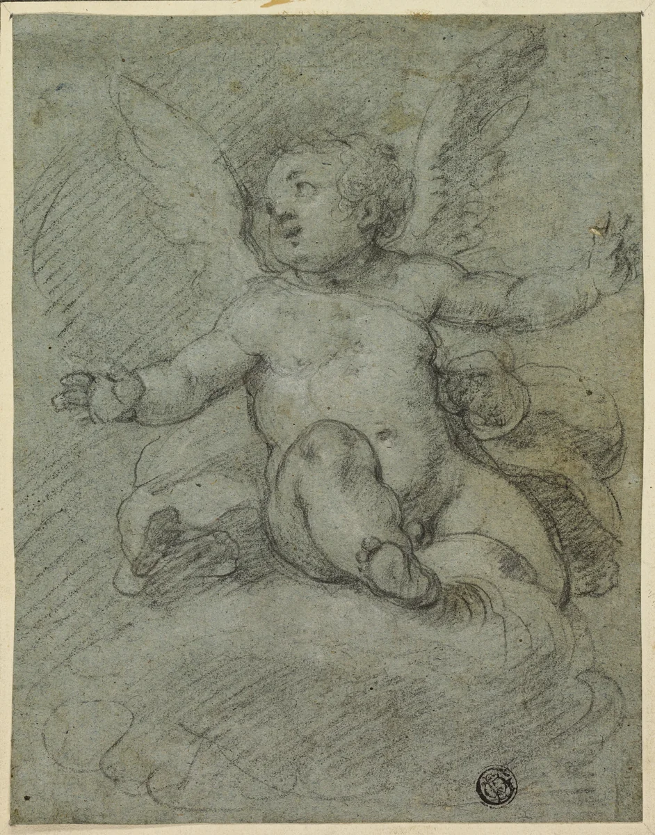 Putto Seated on Clouds by Denys Calvaert, drawing, 1600-1612