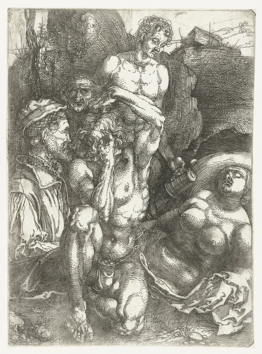 Studieblad met vijf figuren ('De wanhopige man') by Albrecht Dürer, print, 1513-1517