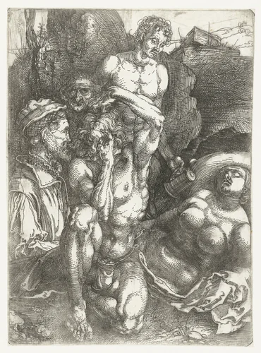 Studieblad met vijf figuren ('De wanhopige man') by Albrecht Dürer, print, 1513-1517