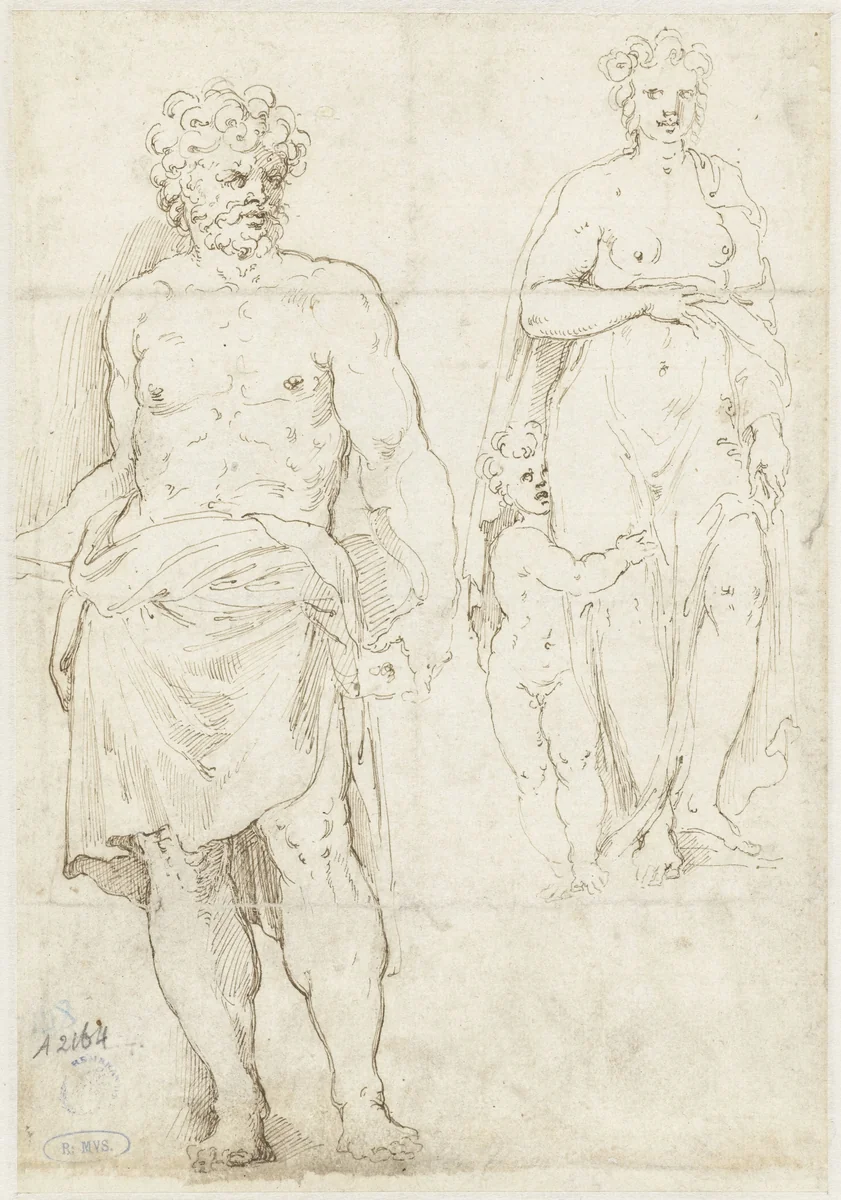 Halfnaakte man (Vulcanus?) en Venus en Amor by Unknown, drawing, 1530-1600